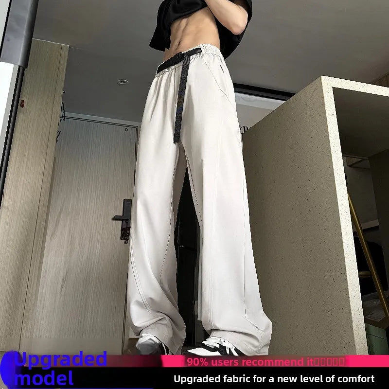 HEARUJOY  -  Qui Dry Ice Silk Men's Summer Thin Straight Leg Casual Pants Bule Waist Design Long Trousers Comfortable Loose Fit Leisure