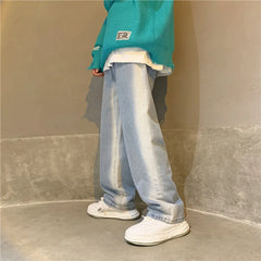 HEARUJOY  -  Men Wide Leg Ankle Length Jeans Washed Jean Denim Trousers Mid Waist Distressed Pockets Straight Pants Zipper Fly Vintage