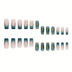 YICKYUE  -  24pcs 3D Water Drops Gradient French False Nails Long Ballet Finished Fake Nails Y2k Press On Nails With Golden Stripe Design