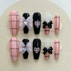 YICKYUE  -  10pcs Black Edge French Press on Nails Wearable Pink Med-length Ballet False Nail Love Pearl Bow Design Full Cover Nail Tips Art
