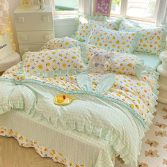 YICKYUE  -  Cartoon Princess Rabbit Bedding Set Kids Girls Ruffled Edge Bed Sheet Washed Cotton Duvet Covers With Rabbit Ears Decorations