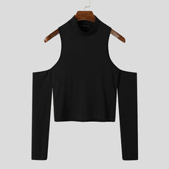 Hearujoy Sexy Off Shoulder T shirts For Men High Neck Long Sleeve Tight Turtleneck Tops Summer Casual Slim Hollow Out Crop Tee Streetwear