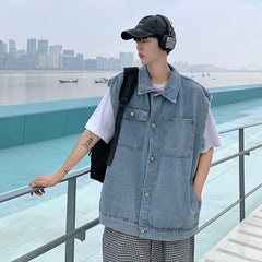 YICKYUE  -  Blue Denim Vest Men's Fashion Vintage Pocket Vest Men Japanese Streetwear Hip-hop Loose Sleeveless Jackets Mens Denim Jacket