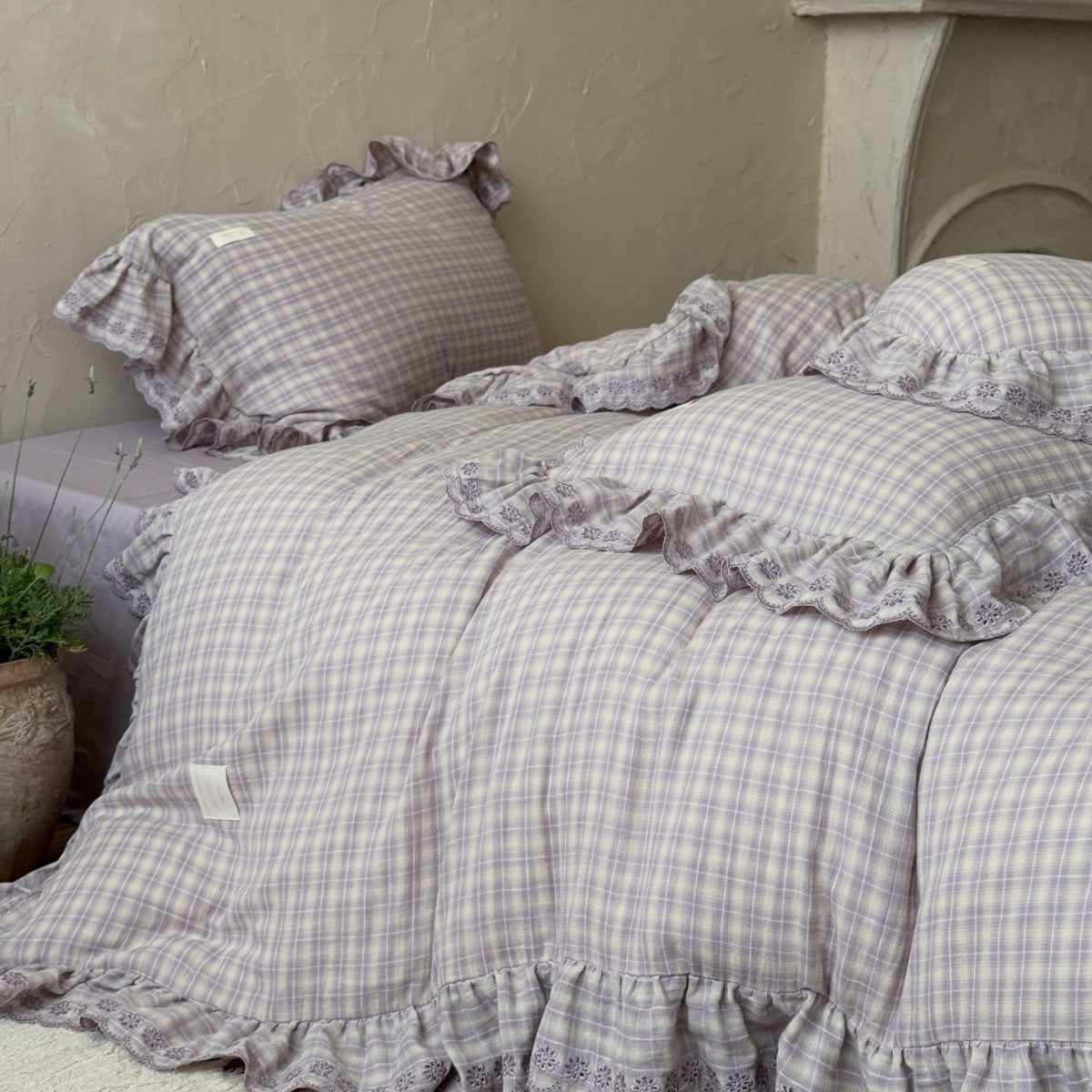 YICKYUE  -  French Ruffled Purple Gingham Cotton Gauze Bedding Set – 4-Piece Korean Fresh Style
