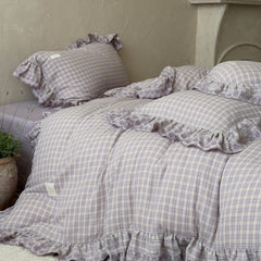 YICKYUE  -  French Ruffled Purple Gingham Cotton Gauze Bedding Set – 4-Piece Korean Fresh Style