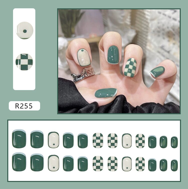 Press On Nails Green Grid Nail Patch Retro Blue Brown Short Nail Tips French Style Removable 24pcs False Nail With Wearing Tools