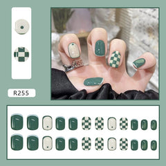 Press On Nails Green Grid Nail Patch Retro Blue Brown Short Nail Tips French Style Removable 24pcs False Nail With Wearing Tools