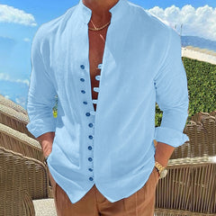 Hearujoy Vintage Mens 100% Cotton Linen Shirts Long-Sleeved Stand Collar Casual Tops Spring Summer Fashion Men Clothing Retro Shirt