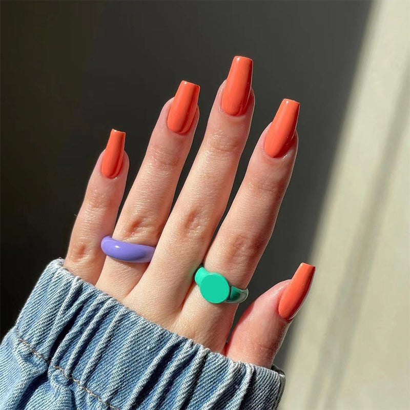 YICKYUE  -  Simple Solid Color Detachable Red Blue Green Nude Color Short Ballet Finished Fake Art False Nails Press on Nails Glue Wholesale