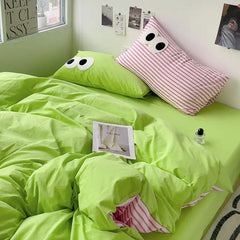 YICKYUE  -  Korean Duvet Cover Set No Filler Pink Green Strips Cute Eyes Flat Sheet Pillowcase Single Double Size Boys Girls Bed Linen