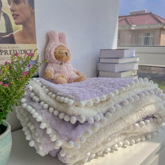 Yickyue Purple Plush Throw Blankets for Sofas Beds Thick Fluffy Bedspread Blanket with Pompom Girls Bed Cover Winter Warm Home Blanket