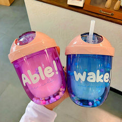 Gliding Lid Cup Colorful Story Simple Plastic Straw Cup Household Double-layer Water Cup High-value Girl Heart Water Cup