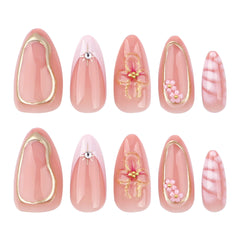 YICKYUE  -  24pcs Pink French Crocodile Pattern Press on Nails Sparkling Powder 3D Flowers Fake Nail Wearable Detchable Nude Pink False Nail