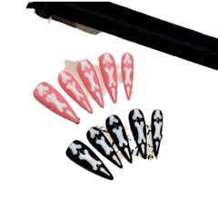 YICKYUE  -  10pcs Halloween Goth Bone Press On Nail-Glossy Long Almond Shape False Nail Sweet and Cool Full Cover Design for Women and Girls