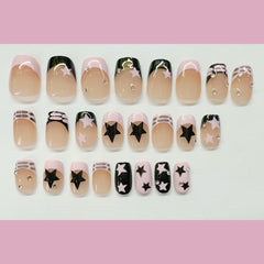 YICKYUE  -  24pcs Short Ballet Y2k Nails Set Small Diamonds Fake Nails Press On Nail Tips French False Nails Pink Black Star Decoration