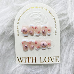 Yickyue Pink Piggy Pure Handmade Wearable fake Nails Cute Medium Length T False Nails Patches Easy To Remove For Girls Artificial Nails