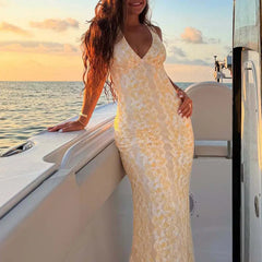YICKYUE  -  Elegant Solid Party Dress Luxury Sleeveless Deep V Suspender Evening Dress Temperament High Waist Lace Embroidery Bodycon Dress