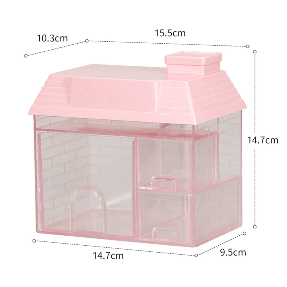 YICKYUE  -  Transparent Desktop Storage Box Creative Small House Pen Holder Student Kawaii Stationery Cosmetic Organizer Rack Drawer 3 Sold