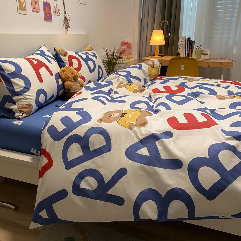 Home Letter Bear Washed Cotton Bedding Four-piece Set, Boy Quilt Cover, Children's Dormitory Three-piece Set