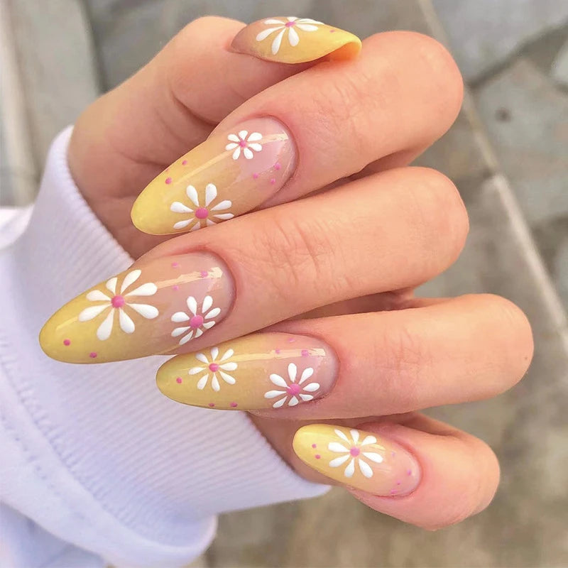 Yickyue  Yellow Little Flowers Pearl Cute Almond Shape False Nails Simple French Detachable Finished Fake Nails Press on Nails with Glue