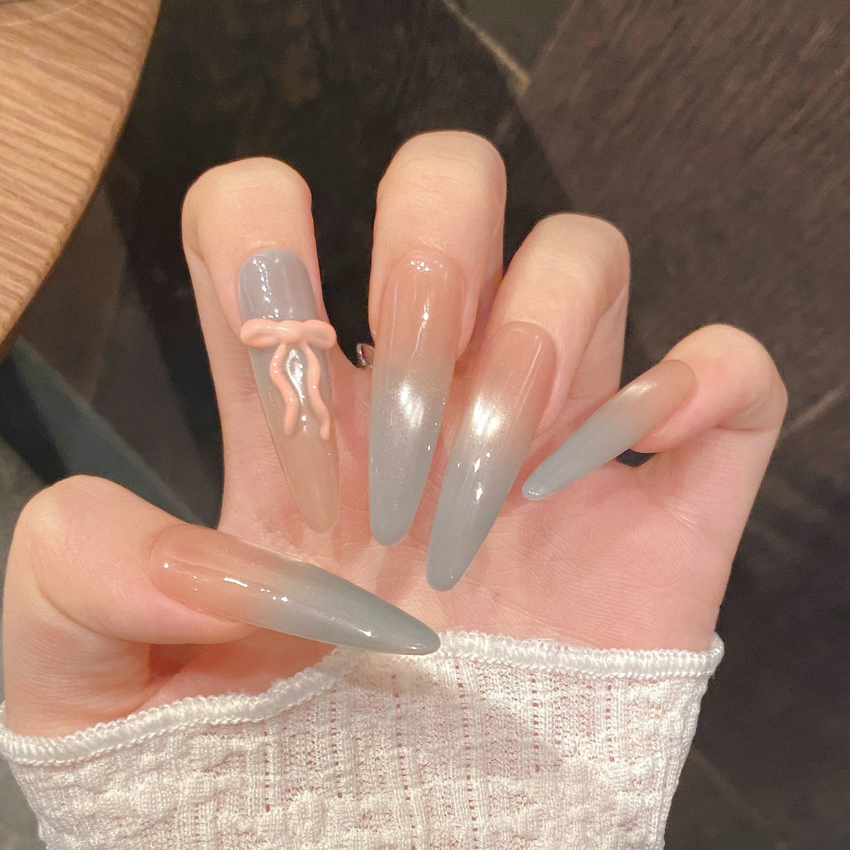YICKYUE  -  10pcs Handmade Pink Bow Decor Press on Nails Gradient Pink Blue Fake Nails Full Cover Wearable Korean Sweet False Nail Tips