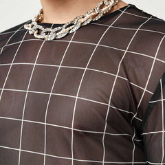 Hearujoy Plaid Print Mesh T Shirts Men Slim Fit Long Seeve O-neck Tee Tops Summer Casual Mens Perspective Tight T-shirt Streetwear