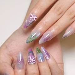 YICKYUE  -  24pcs Wearable Pastoral Style False Nails Long Almond Nails Press On Nails With 3D Bow Pearls Designs Flash Cat's Eye Fake Nails