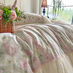 YICKYUE  -  Rose Flowers Printing Bedding Set Korean Style Luxury Princess Lace Duvet Cover Bed Skirt Pillowcases 100% Cotton Home Textile