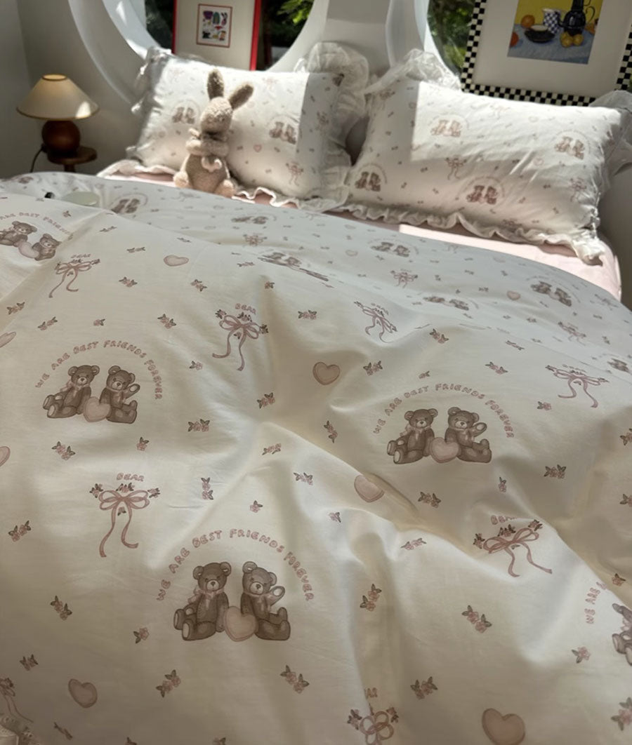 YICKYUE  -  Cute floral baer bedding set kid teen,twin full queen lovely fairyfair lace cotton home textile bed sheet pillowcase quilt cover