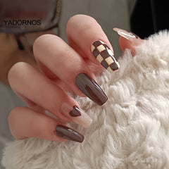 24pcs Nails Free Shipping Long Brown Press On Nails Cute Checkerboard Design Fake Nails Full Coverage Artificial For Women