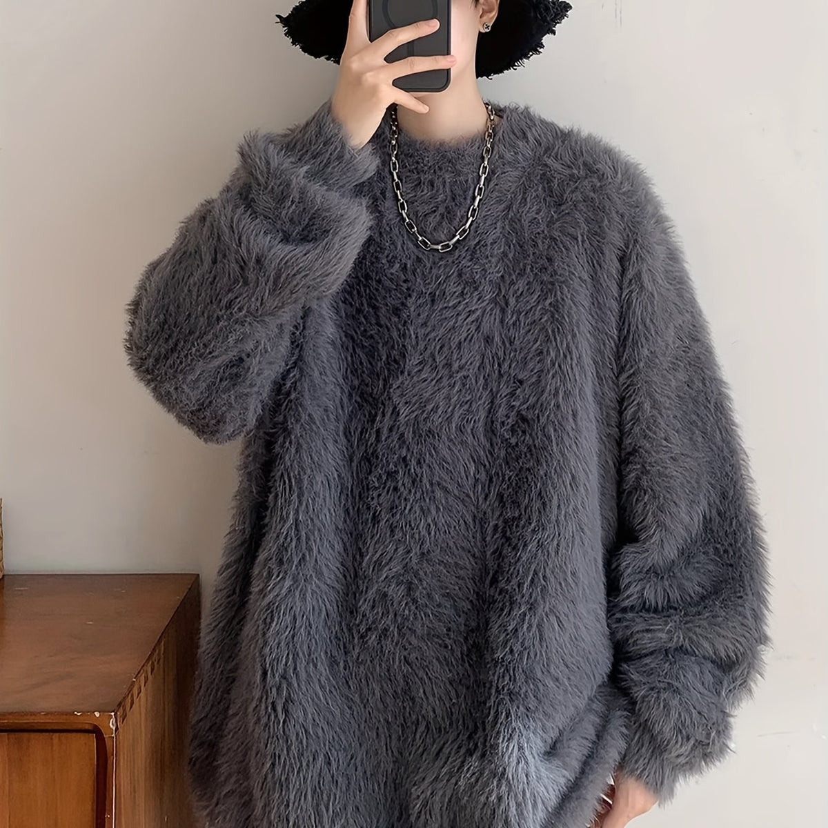 Casual Crew Neck Faux Mink Fur Knit Sweater for Adults, Polyester Blend, Loose Fit, Solid Color, Medium Stretch, with Braided Detail, for Fall/Winter Collection