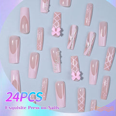 YICKYUE  -  24pcs long French fake nails, ballet girl style pink bow fake nails, water drop snow glitters cross line completely covered fake