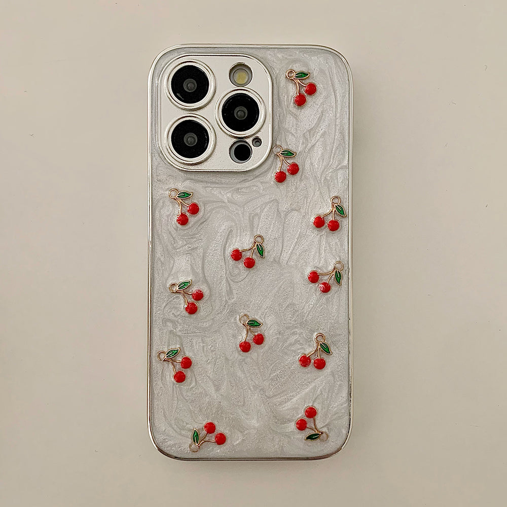 YICKYUE  -  Qianliyao Cute 3D Silver Cherry Fruit Phone Case For iPhone 16 15 14 13 12 11 Pro Max Soft Shockproof TPU Back Cover