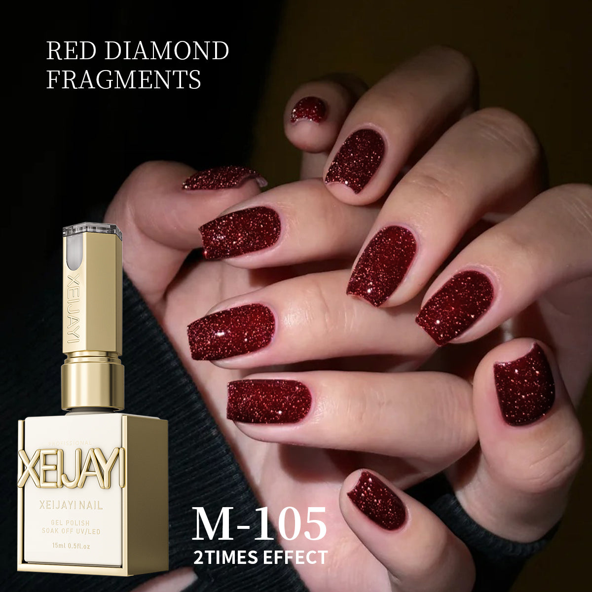 YICKYUE  -  Red Glitter Diamond Nail Polish, Sparkling Reflective Red with Glitter, Soak Off UV/LED Manicure, for Home & Salon Use