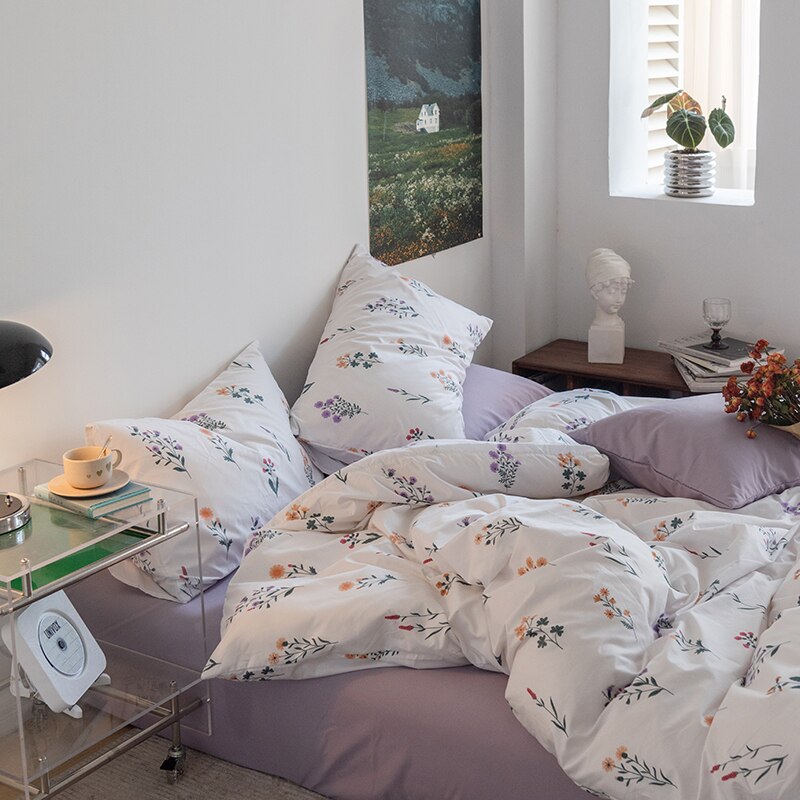 Yickyue Flower Printed 100% Pure Cotton Bedding Sets Duvet Cover Set Bed Flat Sheets Pillowcases Single Double Queen Twin Bedding Set