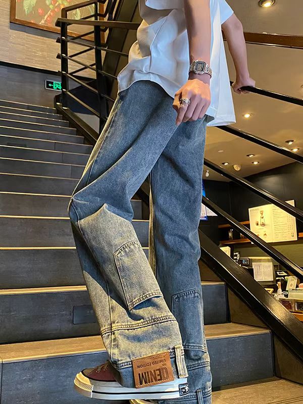 Hearujoy Backwards Wear Mens High Street Vibe Jeans Clean Fit Loose Straight Denim Pants Spring Summer Design Sense Trousers Unisex