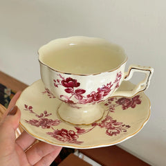 YICKYUE   -  French Red Flower Bone Porcelain Coffee Cup with High Grade Retro Flower British Afternoon Tea Cup Plate Gift