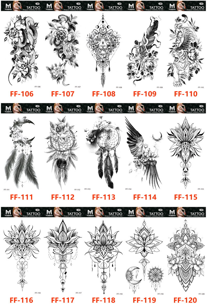 YICKYUE  -  15Pcs/Pack Black Grey Flower/bird/ghost Women/snake Waterproof Temporary Tattoos Men Body Art Tatoo Sticker Fake Tattoo Sleeves