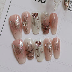 YICKYUE  -  10Pcs Y2k Handmade Press On Nails Long French Coffin Fake Nails Full Cover Butterfly Design Artificial Manicure Wearable Nail Ti