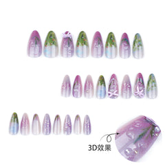 YICKYUE  -  24pcs Wearable Pastoral Style False Nails Long Almond Nails Press On Nails With 3D Bow Pearls Designs Flash Cat's Eye Fake Nails