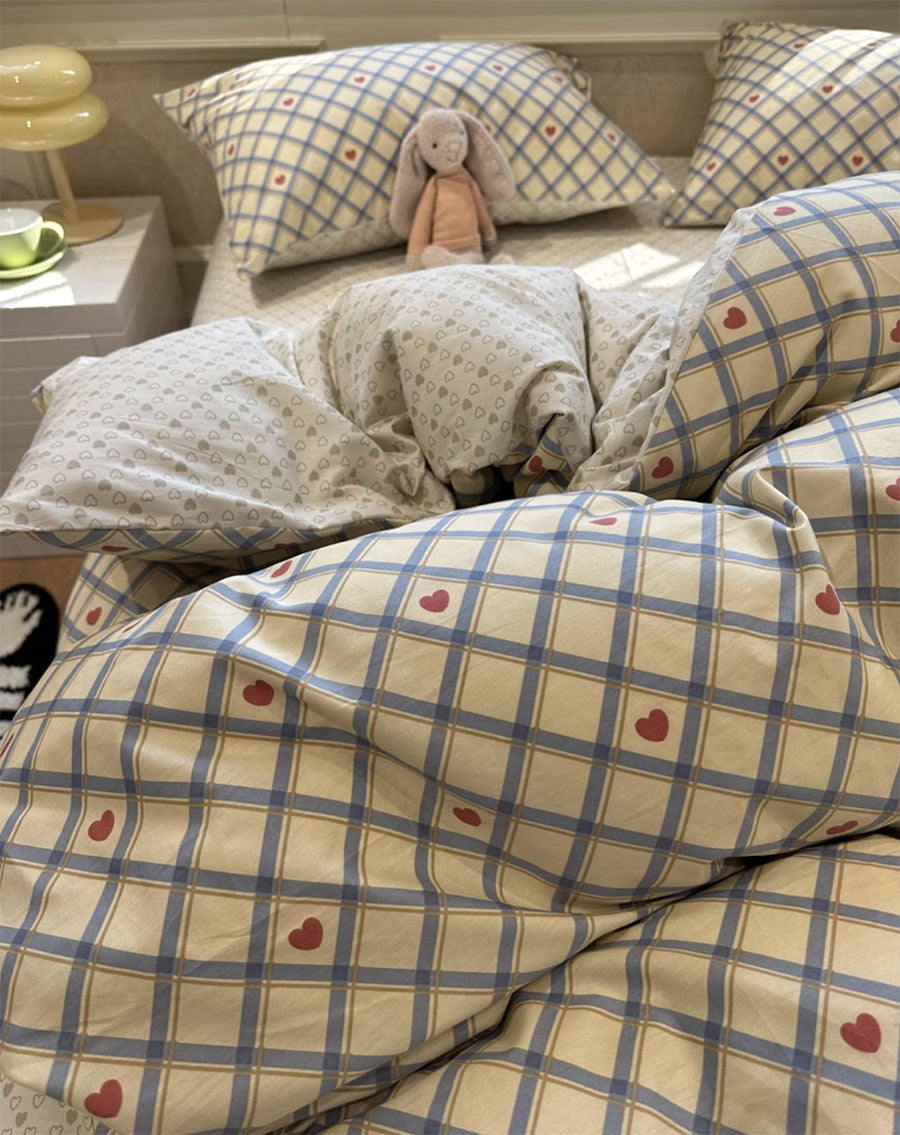YICKYUE  -  Fashion blue plaid sweet heart bedding set,twin full queen classic lovely cotton home textile bed sheet pillow case quilt cover