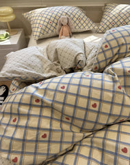 YICKYUE  -  Fashion blue plaid sweet heart bedding set,twin full queen classic lovely cotton home textile bed sheet pillow case quilt cover