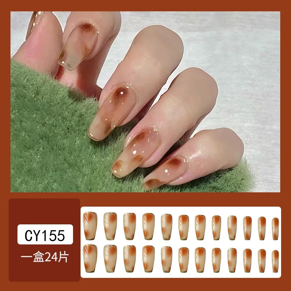 Yickyue Long Press on Set Nails Coffee Gradient Long Coffin Wearable Tips Artificial Full Cover Ballerina  Reusable False Nails Art 24pc