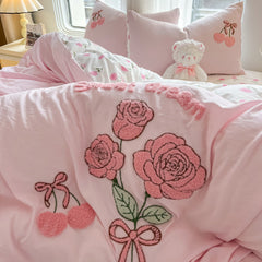 YICKYUE  -  Pink Rose Cartoon Bedding Set, Dinosaur, Cat, Bear, Rabbit, Towel Embroidery, Single, Double Duvet Cover, Bed Sheet, Pillowcase