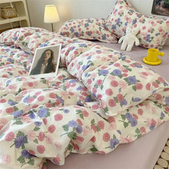 Yickyue INS Cream Style Bedding Set Duvet Cover Soft Queen Full Twin Size Floral Flat Bed Sheet Girls Pastoral Quilt Cover Pillowcase