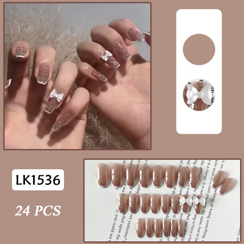 24pcs/boxed full cover nail tips black and gray soot bow wear nail style oval head acrylic artificial nails with glue for girls