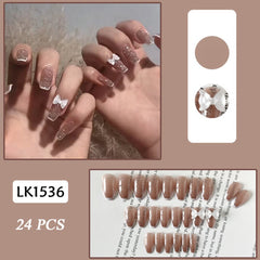24pcs/boxed full cover nail tips black and gray soot bow wear nail style oval head acrylic artificial nails with glue for girls