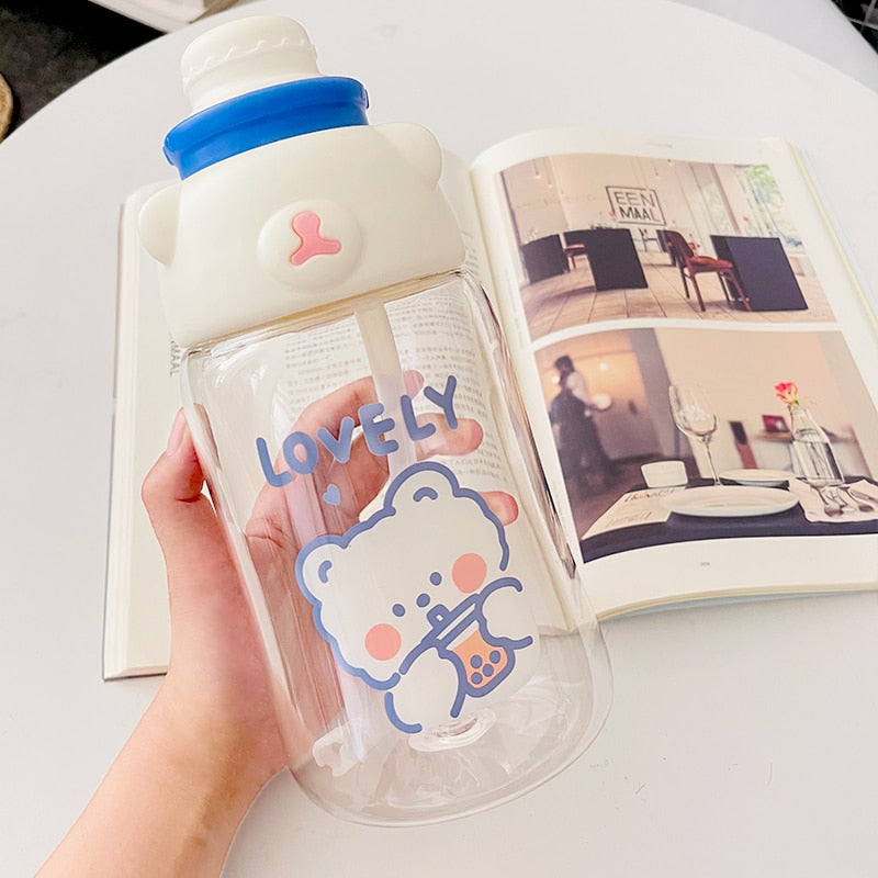 Kawaii Jumbo Bear Water Bottle With Straw Sticker Sport Plastic Outdoor Portable Juice Milk Big Drinking Bottles Jug  BPA Free