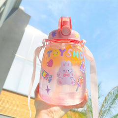 1300ml Cute Bear Big Capacity Water Bottle With Straw Strap Plastic Portable Sport Transparent Drink Bottles For Children Girl