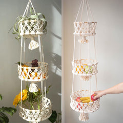 Multi Tier Hanging Basket Macrame Fruit Storage Container Organizer Cotton Rope Hanging Plant Pot for Home Kitchen Garden Decor